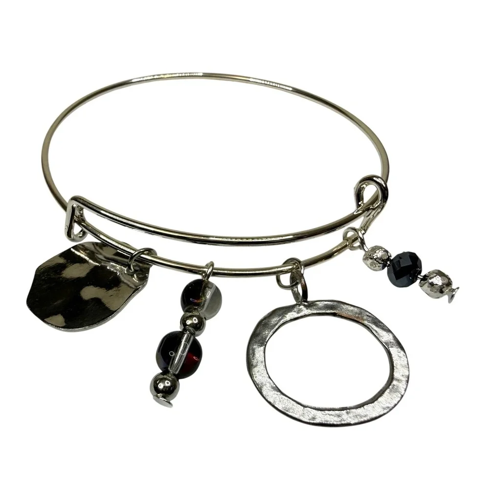 Expandable Silver Tone Bangle Bracelet with Black & Smoky Bead Charms